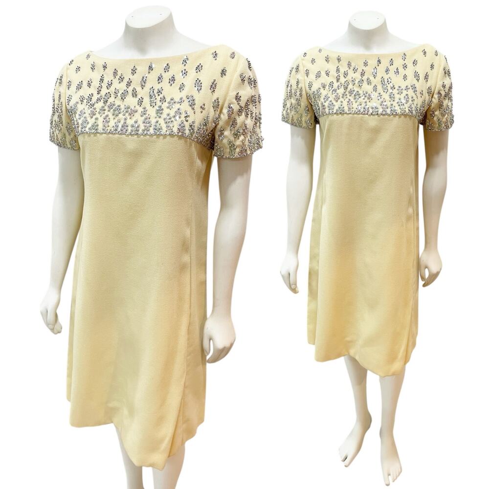 Elinor Simmons for Malcolm Starr Embellished Shift Dress Yellow Vintage 1960s